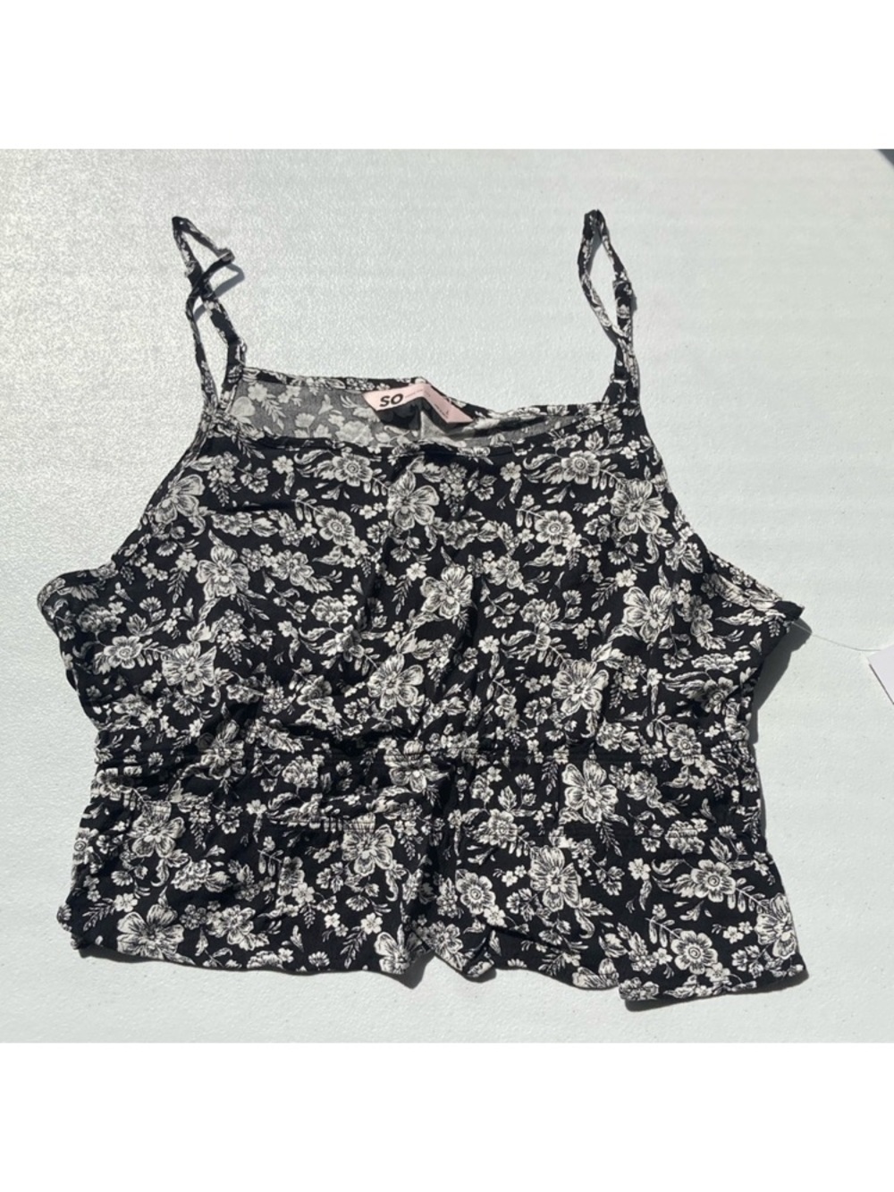 So crop top floral print cropped cinch waist tank black white boho L jrs - Picture 6 of 17